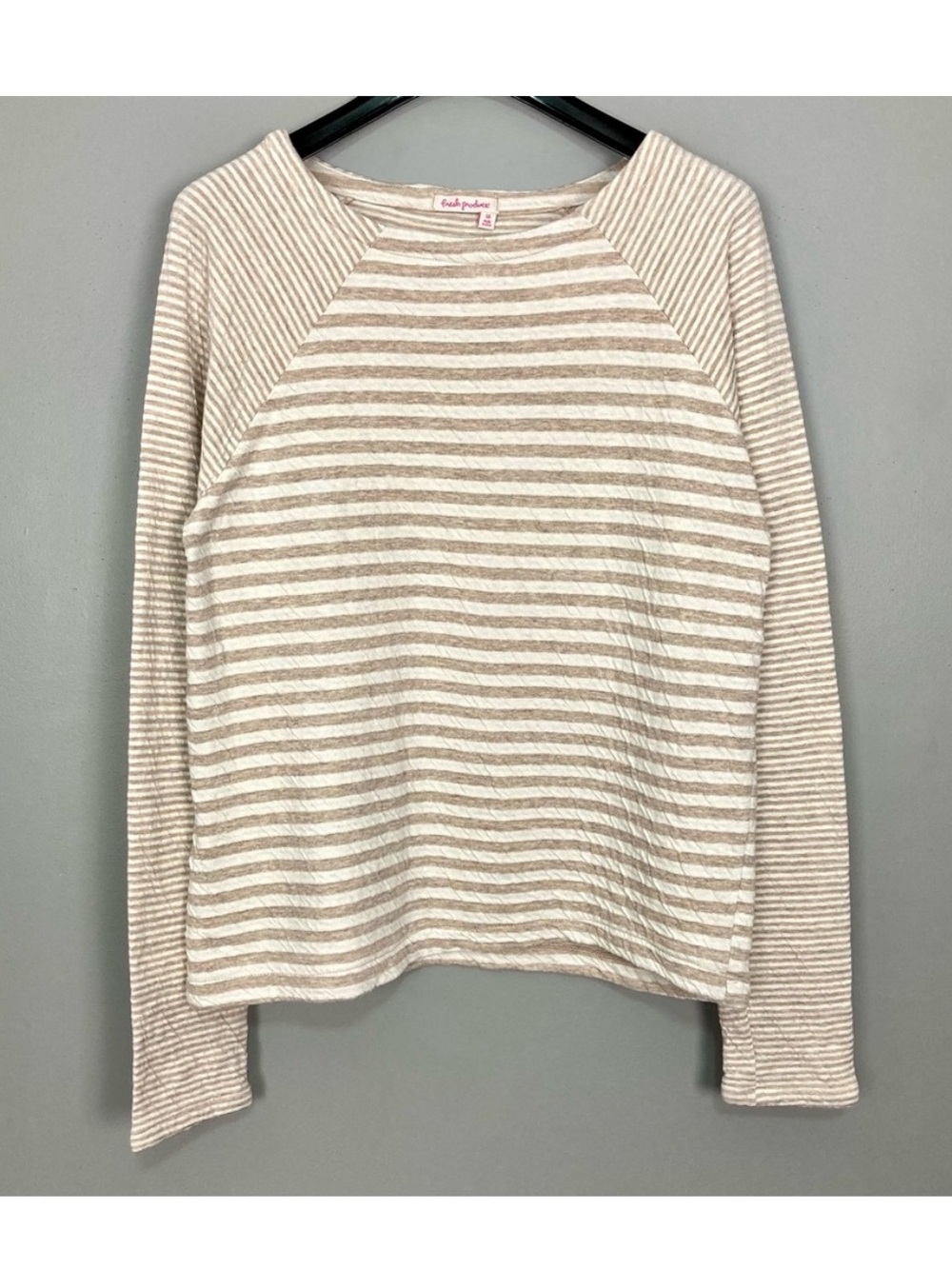Fresh Produce Soft Knit Top Women’s Size L Raglan Sleeves Stripe Crinkle Raglan